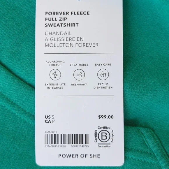 Athleta Forever Fleece Full Zip Sweatshirt - Scout Green S